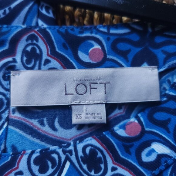 Ann Taylor LOFT Blue Pink Baroque Geometric Print Tie Waist Shift Dress X‎ Small - Picture 6 of 8